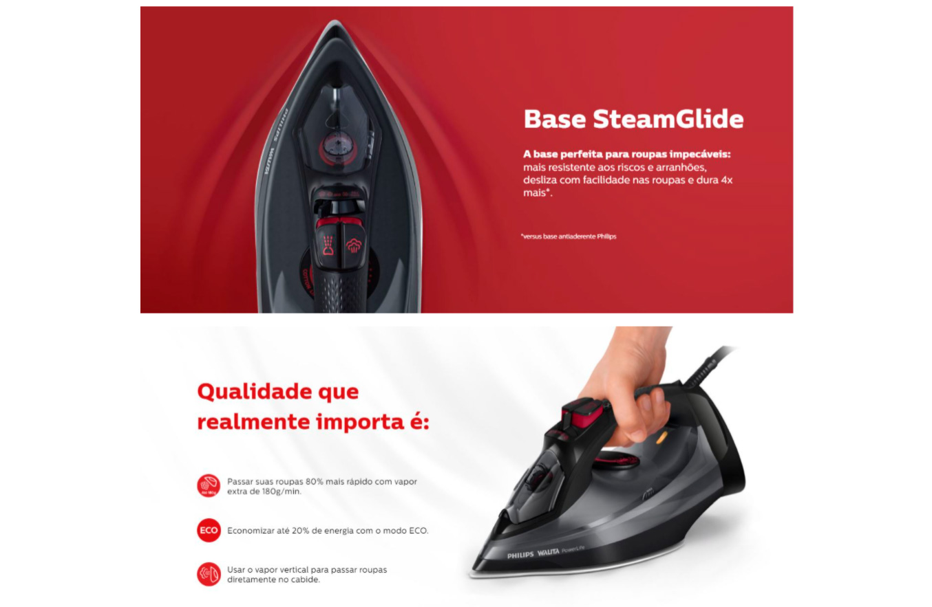 Ferro de Passar à Vapor Philips Powerlife Preto Ri2995/84 com Base Cerâmica Steamglide - 220V